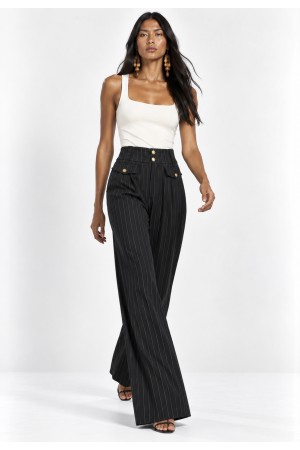 Calça Pantalona Juruá Alfaiataria Risca de Giz Preto Ônix