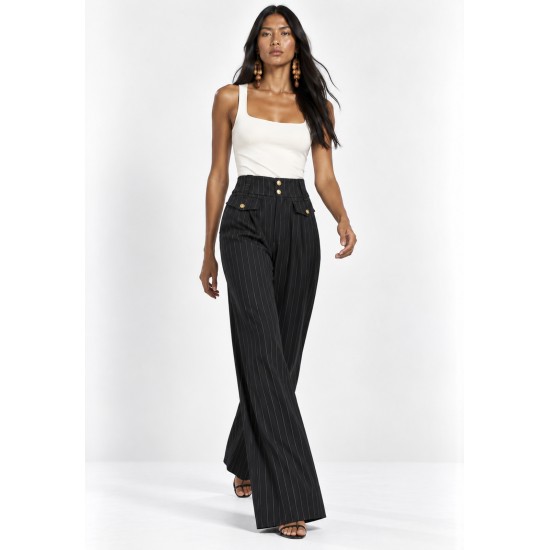 Calça Pantalona Juruá Alfaiataria Risca de Giz Preto Ônix
