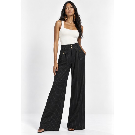 Calça Pantalona Juruá Alfaiataria Risca de Giz Preto Ônix