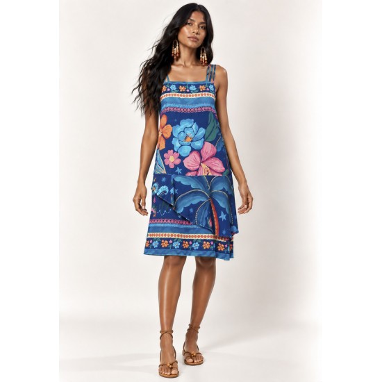 Vestido Curto Viscose Regata Alça Tripla Estampa Florada do Arapiuns