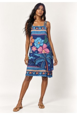 Vestido Curto Viscose Regata Alça Tripla Estampa Florada do Arapiuns
