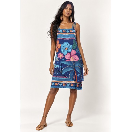 Vestido Curto Viscose Regata Alça Tripla Estampa Florada do Arapiuns