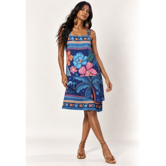 Vestido Curto Viscose Regata Alça Tripla Estampa Florada do Arapiuns