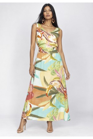 Vestido Midi Plano Estampa Samba das Cores