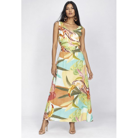 Vestido Midi Plano Estampa Samba das Cores