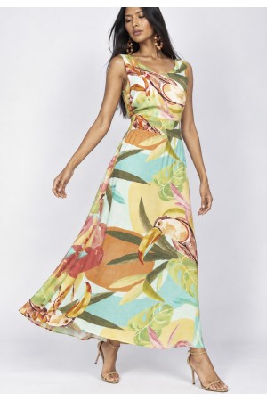 Vestido Midi Plano Estampa Samba das Cores