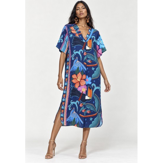 Vestido Midi Maicá Viscose Estampa Florada do Arapiuns