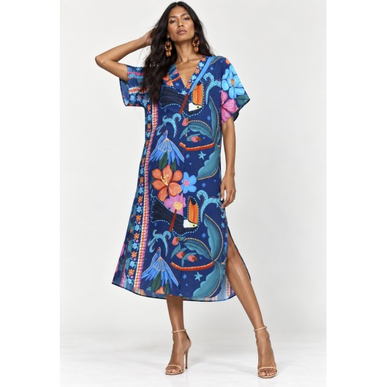 Vestido Midi Maicá Viscose Estampa Florada do Arapiuns