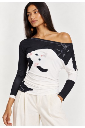 Blusa Assimétrica Malha Estampa Bichanos em Cena