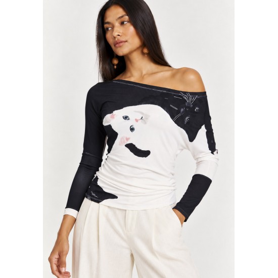 Blusa Assimétrica Malha Estampa Bichanos em Cena