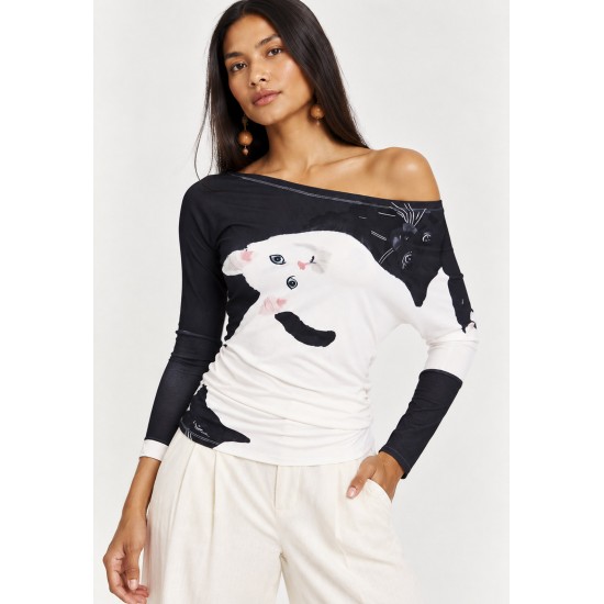 Blusa Assimétrica Malha Estampa Bichanos em Cena