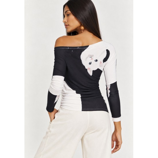 Blusa Assimétrica Malha Estampa Bichanos em Cena