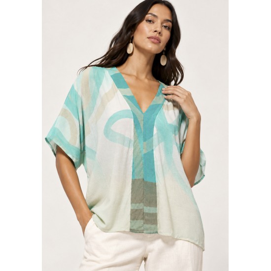 Blusa Feminina Gola V Manga Curta Estampa Águas de Anavilhanas