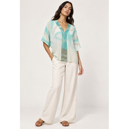 Blusa Feminina Gola V Manga Curta Estampa Águas de Anavilhanas