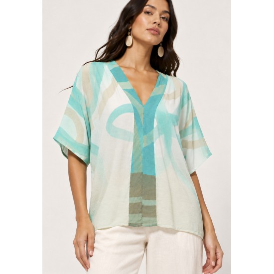 Blusa Feminina Gola V Manga Curta Estampa Águas de Anavilhanas