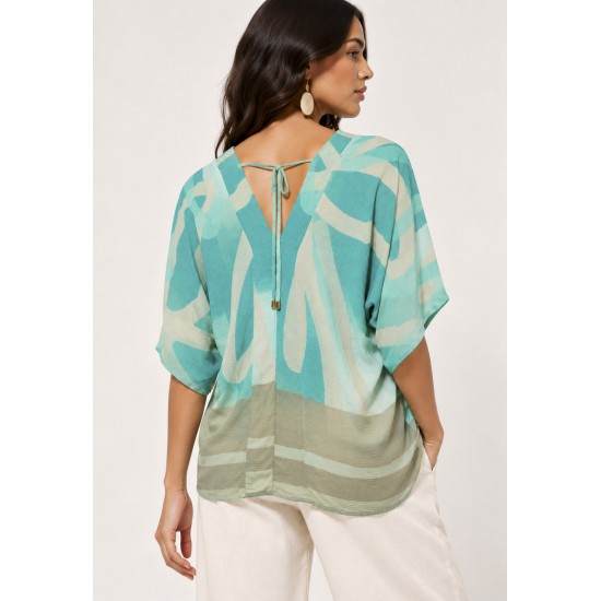 Blusa Feminina Gola V Manga Curta Estampa Águas de Anavilhanas
