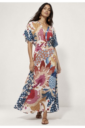 Vestido Midi Viscose Morcego Parati com Elástico Estampa Mosaico Botânico