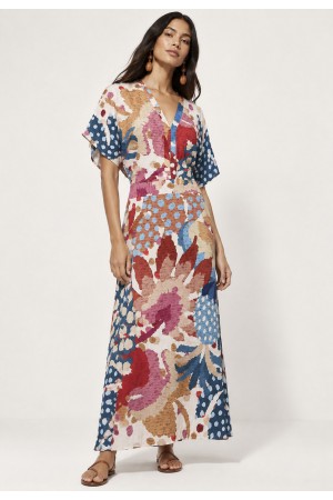 Vestido Midi Viscose Morcego Parati com Elástico Estampa Mosaico Botânico