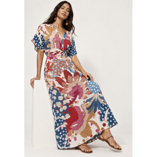 Vestido Midi Viscose Morcego Parati com Elástico Estampa Mosaico Botânico