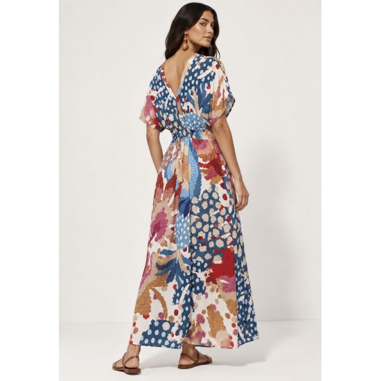 Vestido Midi Viscose Morcego Parati com Elástico Estampa Mosaico Botânico