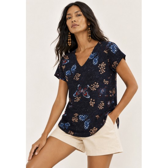 Blusa Viscose Gola V Manga Curta Estampa Asas do Entardecer