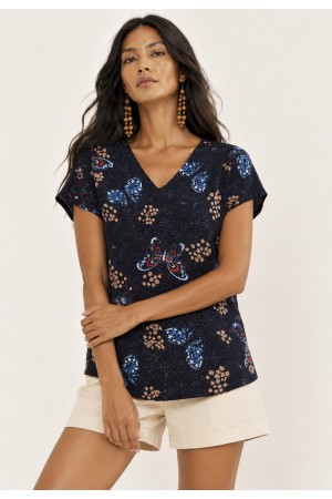 Blusa Viscose Gola V Manga Curta Estampa Asas do Entardecer