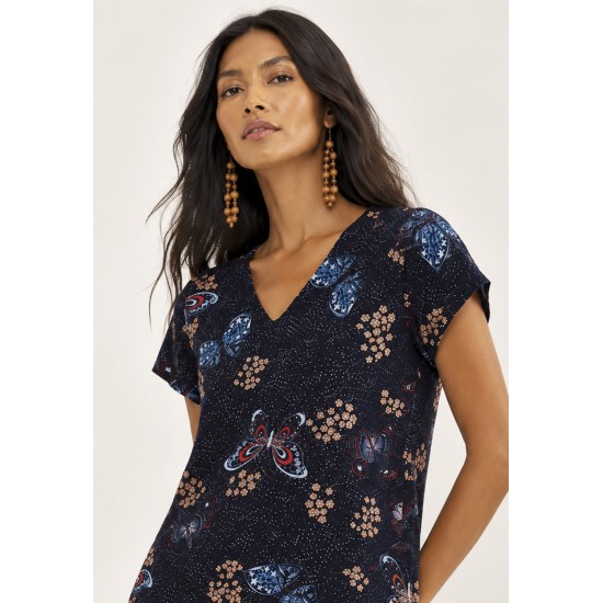 Blusa Viscose Gola V Manga Curta Estampa Asas do Entardecer