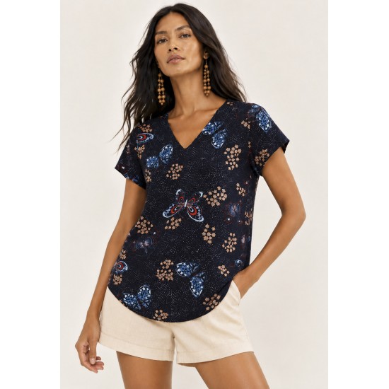 Blusa Viscose Gola V Manga Curta Estampa Asas do Entardecer