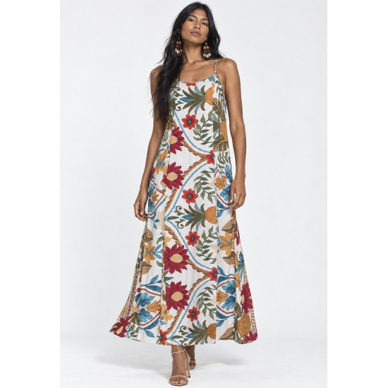 Vestido Longo Anambé Viscose com Bolsos Estampa Jardim Solar