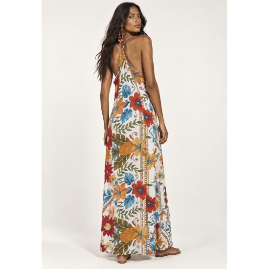 Vestido Longo Anambé Viscose com Bolsos Estampa Jardim Solar
