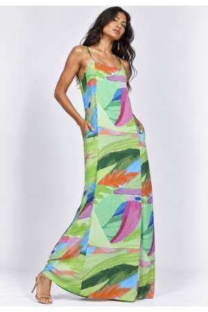 Vestido Longo Anambé Viscose com Bolsos Estampa Mata em Aquarela