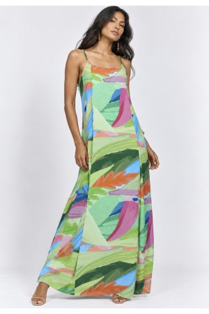 Vestido Longo Anambé Viscose com Bolsos Estampa Mata em Aquarela