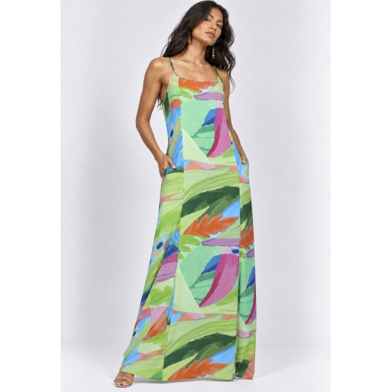 Vestido Longo Anambé Viscose com Bolsos Estampa Mata em Aquarela