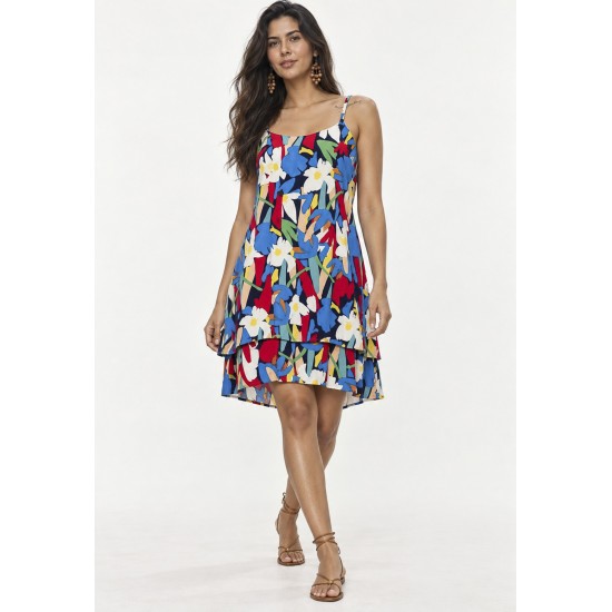 Vestido Curto Itaúna em Viscose com Babados Duplos Estampa Floresce