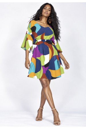 Vestido Curto Caaxixá Viscose com Cordão na Cintura Estampa Jardim Azul
