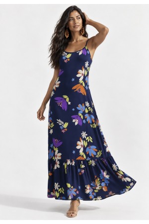 Vestido Longo Kuaana Viscose Estampa Festa das Flores Azul