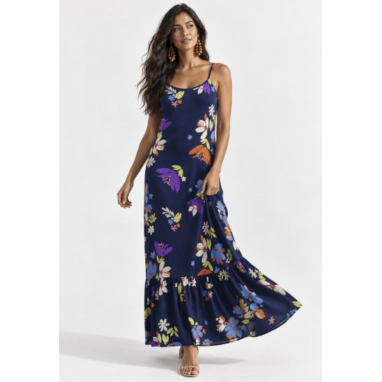 Vestido Longo Kuaana Viscose Estampa Festa das Flores Azul