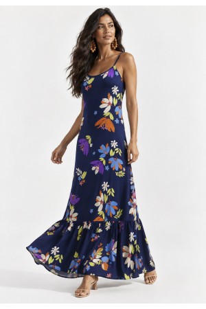 Vestido Longo Kuaana Viscose Estampa Festa das Flores Azul
