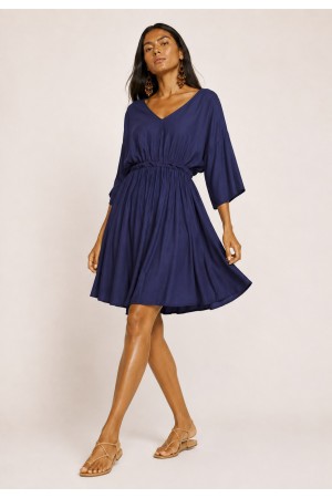 Vestido Curto Caaxixá Viscose com Cordão na Cintura Azul Marinho