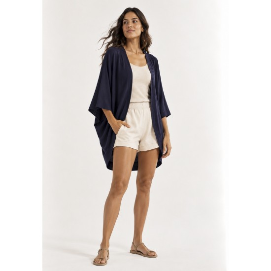 Kimono Viscose Manga Ampla Azul Marinho