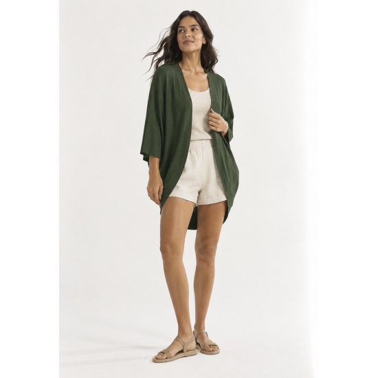 Kimono Malha Manga Ampla Verde