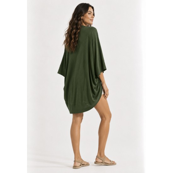 Kimono Malha Manga Ampla Verde