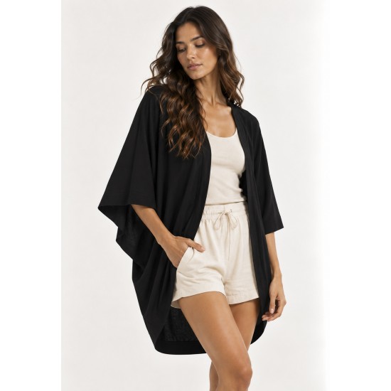 Kimono Viscose Manga Ampla Preto