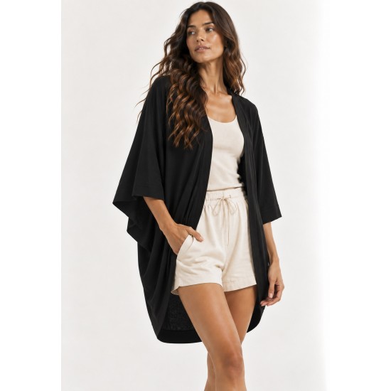 Kimono Viscose Manga Ampla Preto