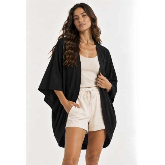 Kimono Viscose Manga Ampla Preto