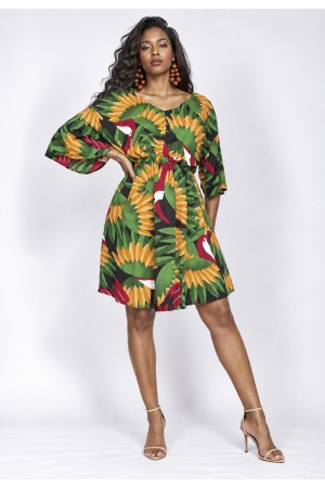 Vestido Curto Caaxixá Viscose com Cordão na Cintura Estampa Festas dos Tucanos