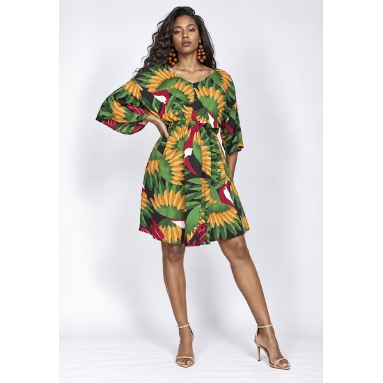 Vestido Curto Caaxixá Viscose com Cordão na Cintura Estampa Festas dos Tucanos