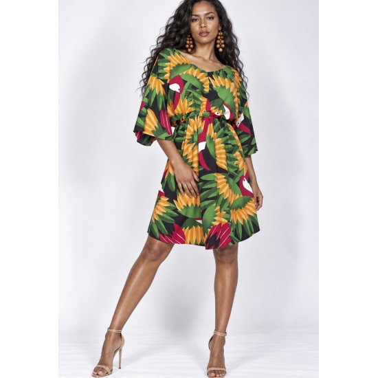 Vestido Curto Caaxixá Viscose com Cordão na Cintura Estampa Festas dos Tucanos