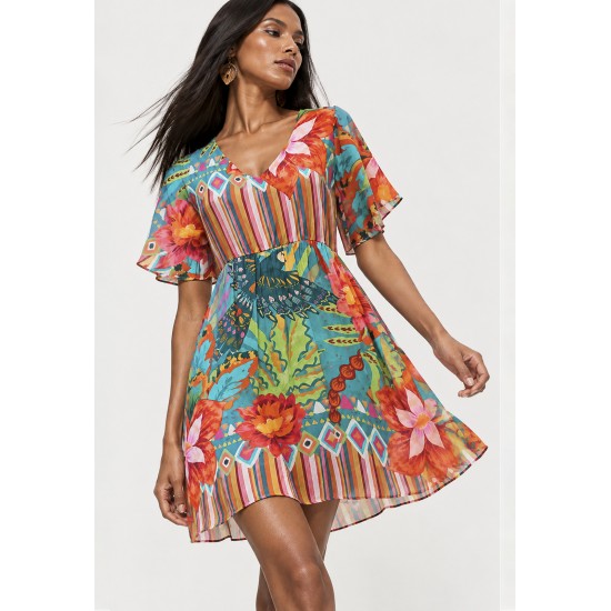 Vestido Curto Aracê Viscose Rodado Estampa Voo da Floresta