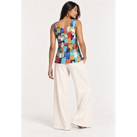 Blusa Regata Nhambu Viscose Estampa Bichanos em Festa